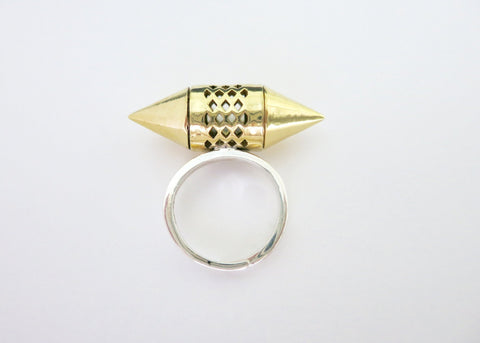 Unique, gold-plated brass tubular amuletic ring with a sterling silver shank - Lai