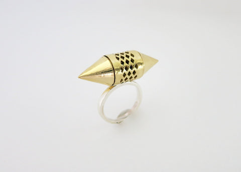 Unique, gold-plated brass tubular amuletic ring with a sterling silver shank