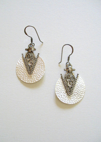 Unique, hammer finish, dangle earrings with mehndi-inspired black rhodium plated detailing - Lai
