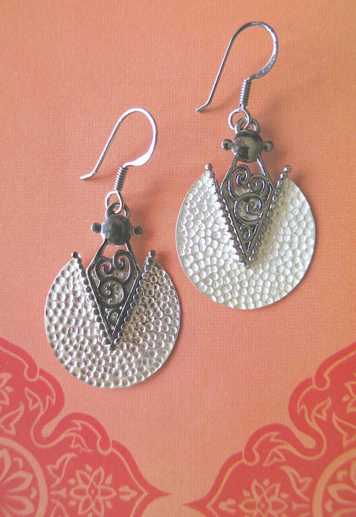Unique, hammer finish, dangle earrings with mehndi-inspired black rhodium plated detailing - Lai