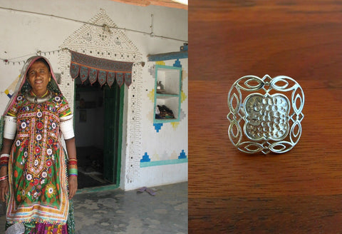 Unique, Kutch-inspired, square ring in hammer finish with wire-work frame - Lai