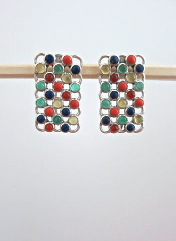 Unique rectangular multi-color gemstones earrings