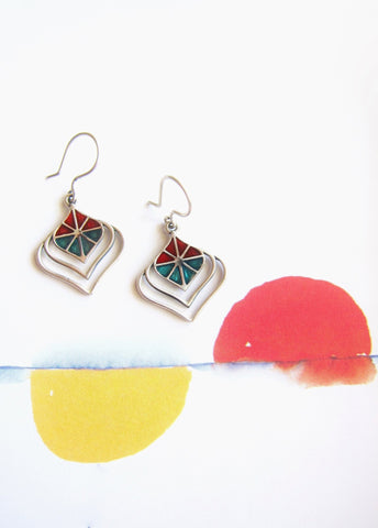 Wear-them-with-everything, turquoise and red enamel earrings - Lai